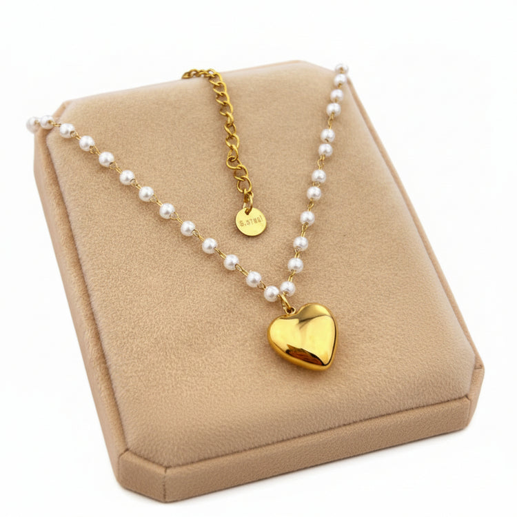 Collana Girocollo con Perle e Ciondolo Cuore Tono Oro