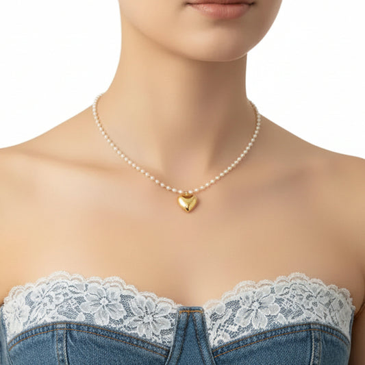 Collana Girocollo con Perle e Ciondolo Cuore Tono Oro