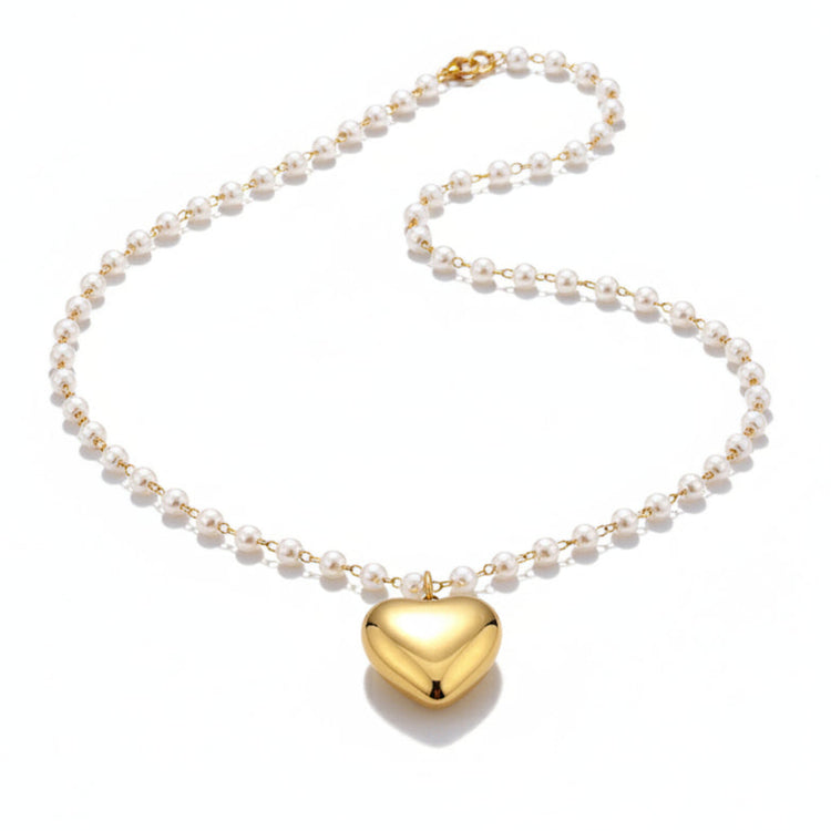 Collana Girocollo con Perle e Ciondolo Cuore Tono Oro