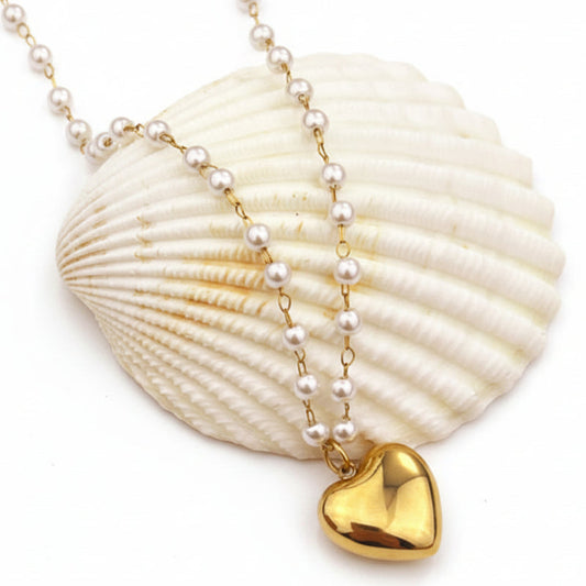 Collana Girocollo con Perle e Ciondolo Cuore Tono Oro