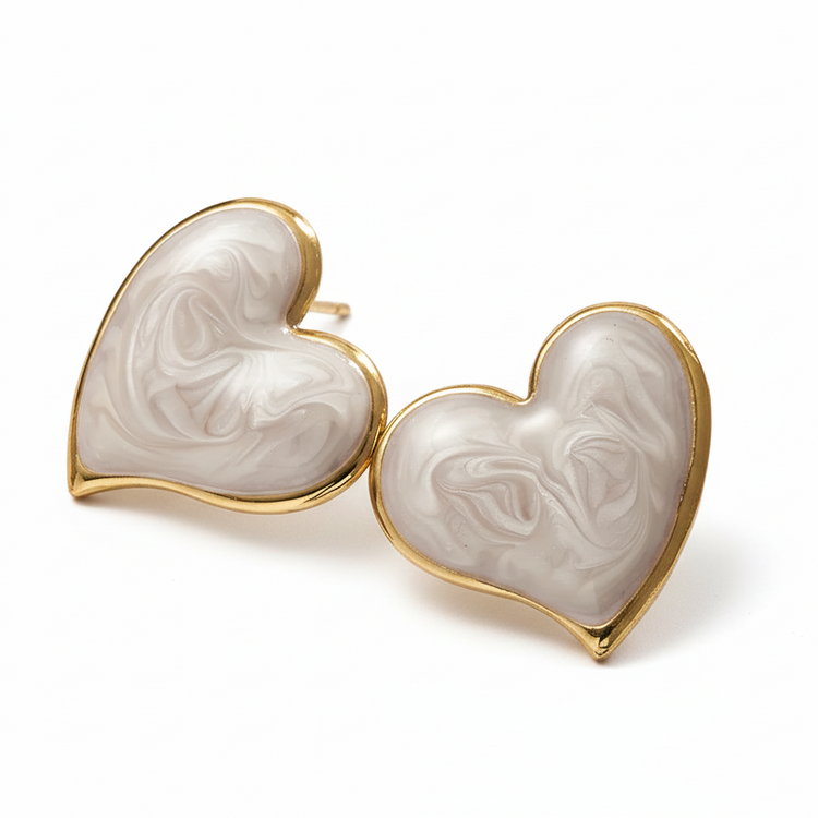 Orecchini Cuore con Smalto Bianco Tono Oro - Acciaio