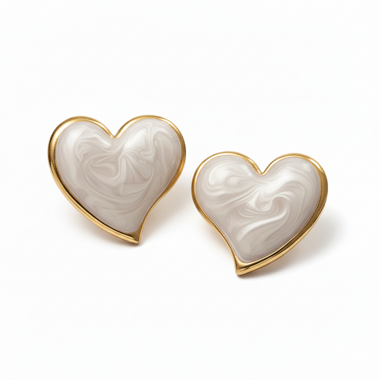 Orecchini Cuore con Smalto Bianco Tono Oro - Acciaio