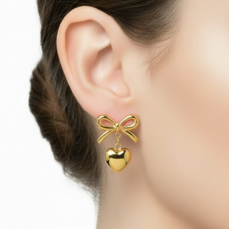 Orecchini Fiocco con Cuore Tono Oro  - Acciaio Anallergico