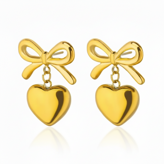 Orecchini Fiocco con Cuore Tono Oro - Acciaio Anallergico