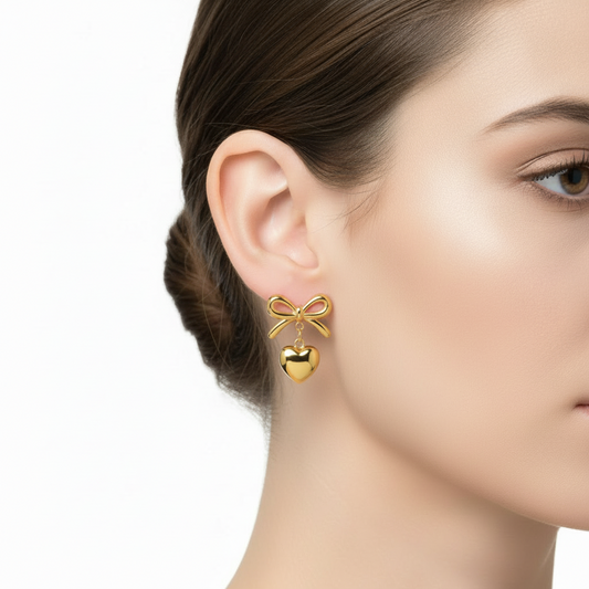 Orecchini Fiocco con Cuore Tono Oro  - Acciaio Anallergico
