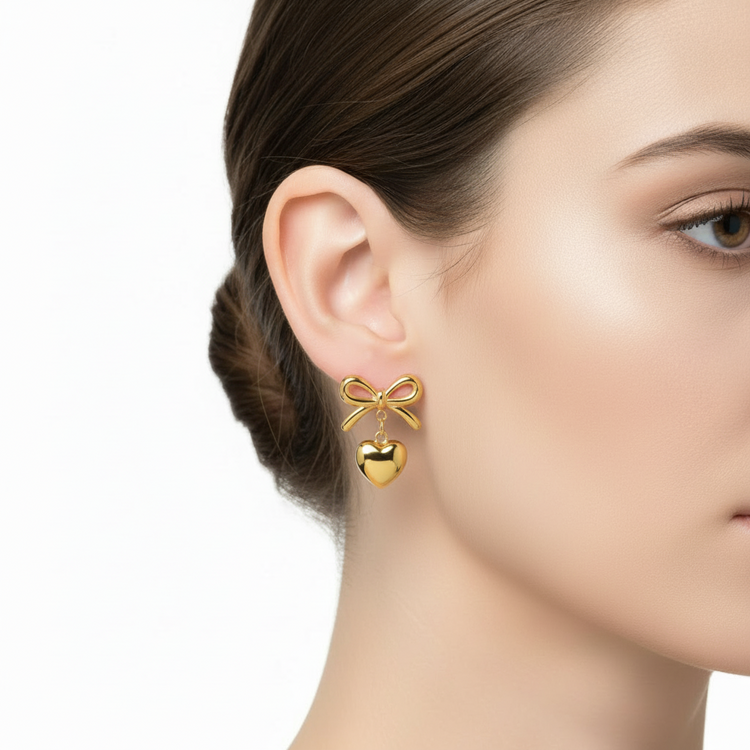 Orecchini Fiocco con Cuore Tono Oro  - Acciaio Anallergico