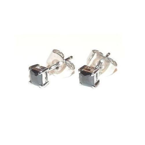 Earrings for men and women, 925 silver, square emerald cut black zircon, 4 mm