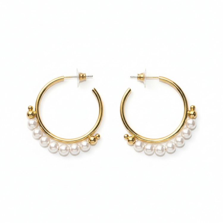 Orecchini a Cerchio Tono Oro con Perle Sintetiche Bianche - 3cm