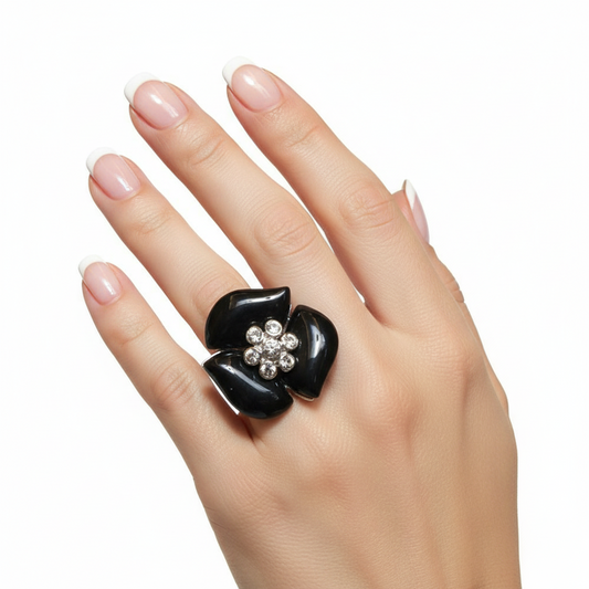 Women's silver tone FLOWER ring with black enamel and brilliant rhinestones - size 14