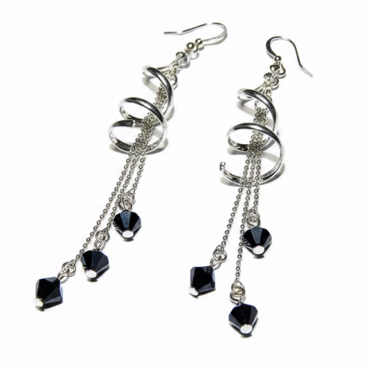 women's earrings in shiny silver tone long black briolette stones