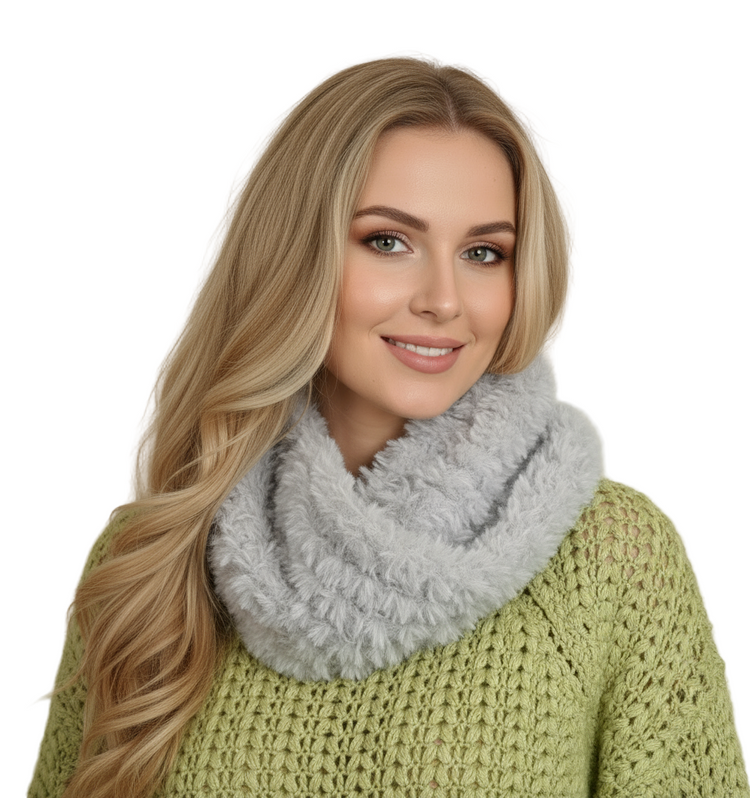 Infinity Scarf hand-knitted fur effect neck warmer - pearl grey