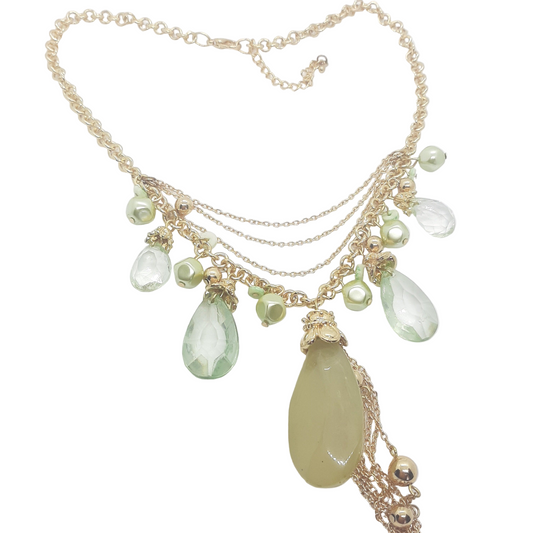 yellow gold tone charm necklace with GREEN pendants
