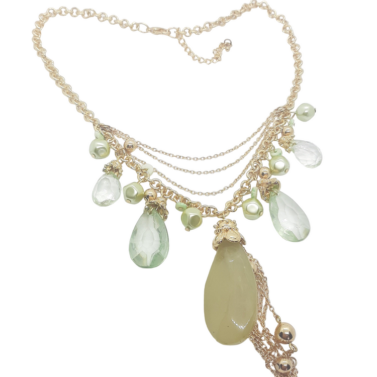 yellow gold tone charm necklace with GREEN pendants