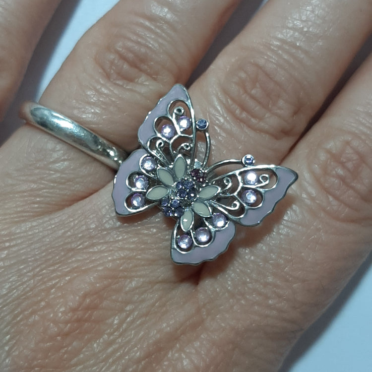 Silver tone BUTTERFLY ring with LILAC enamel rhinestones - adjustable