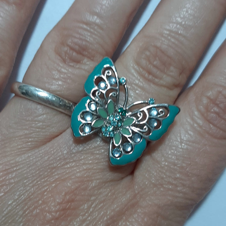 Silver tone BUTTERFLY ring with WATER GREEN enamel rhinestones - adjustable