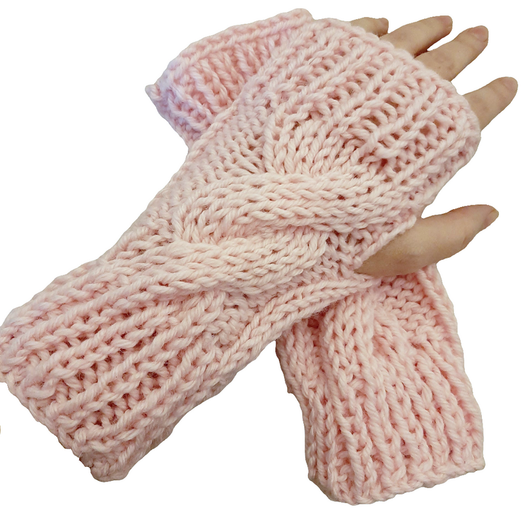 Hand-knitted fingerless braided gloves. Pink