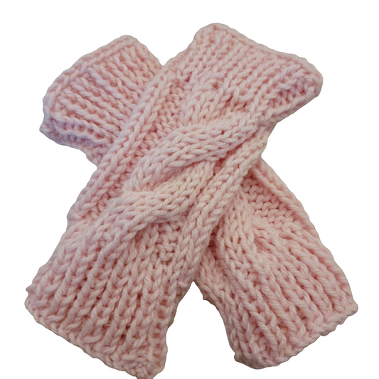 Hand-knitted fingerless braided gloves. Pink