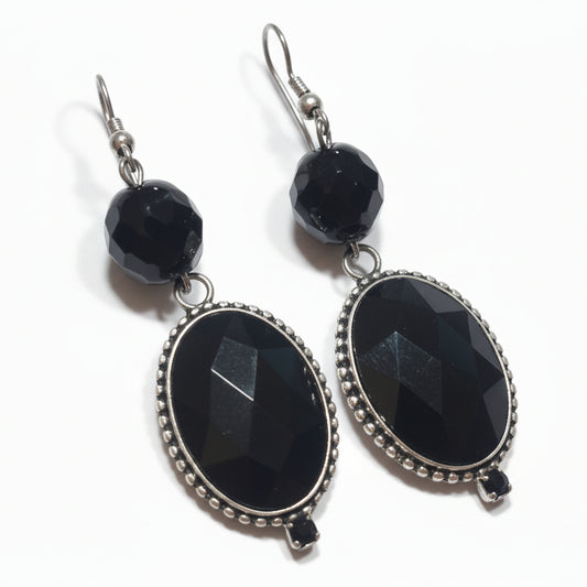 Orecchini Pendenti Tono Argento con Lucite Nera - 8.5cm