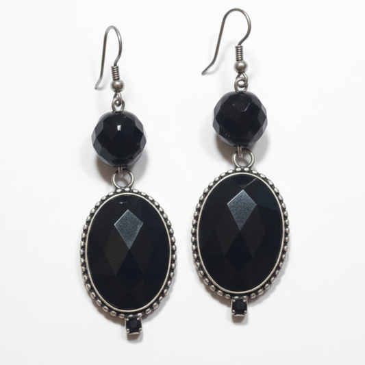 Orecchini Pendenti Tono Argento con Lucite Nera - 8.5cm