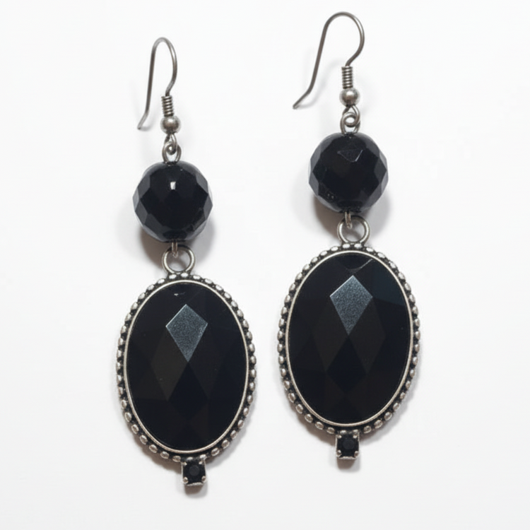 Orecchini Pendenti Tono Argento con Lucite Nera - 8.5cm