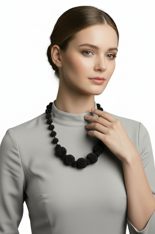 Collana Lunga Donna con Sfere di Perline Nere - Stile Etnico