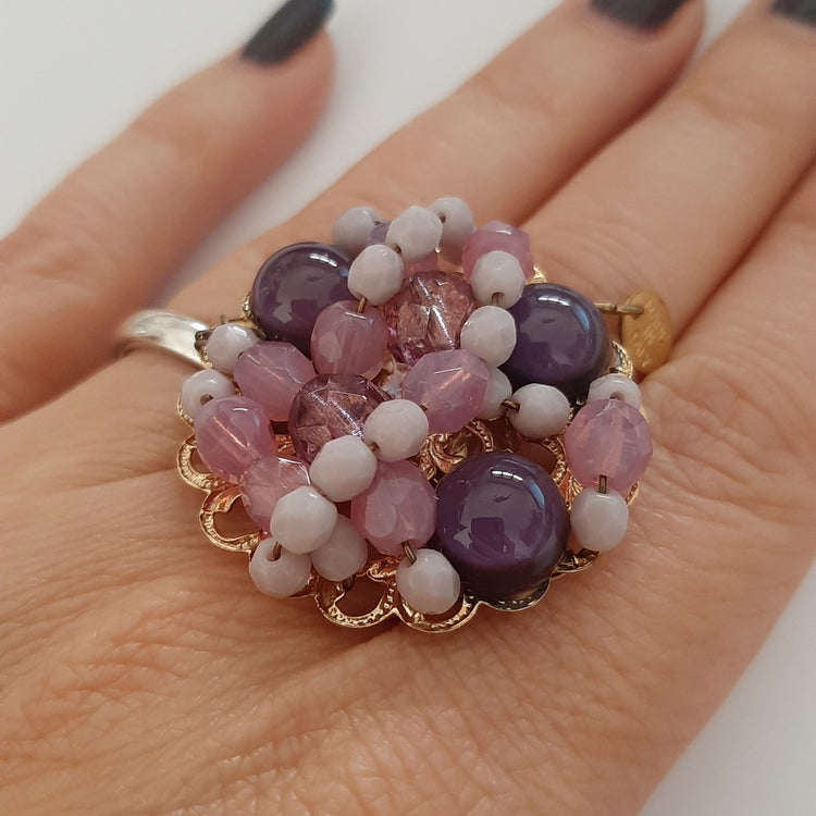 Anello donna tono oro con perline ROSA VIOLA regolabile