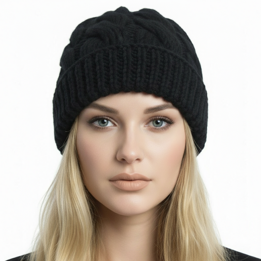 Berretto cappello donna lana Trecce con rovescia artigianale - nero
