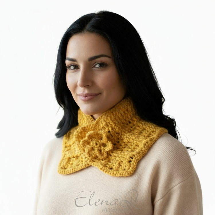 Neck warmer scarf women's YELLOW wool handmade flower handmade crochet