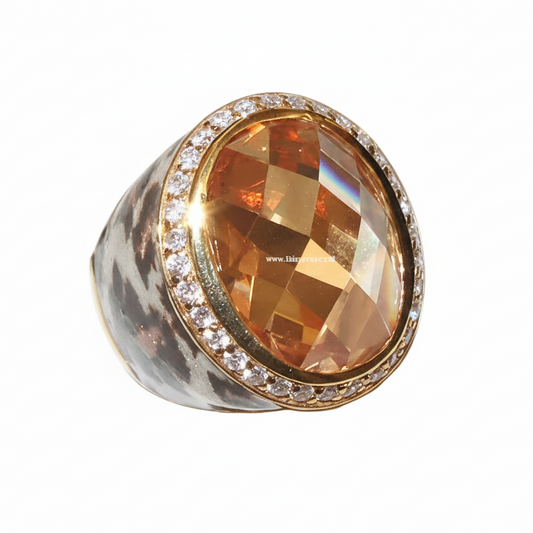 Anello Donna Argento 925 Placcato Oro con Quarzo Topazio e Smalto Maculato