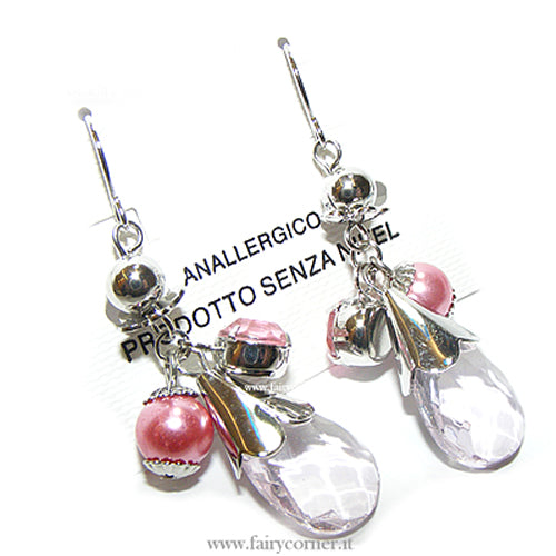 women's silver tone drop earrings with pearl and PINK rhinestones