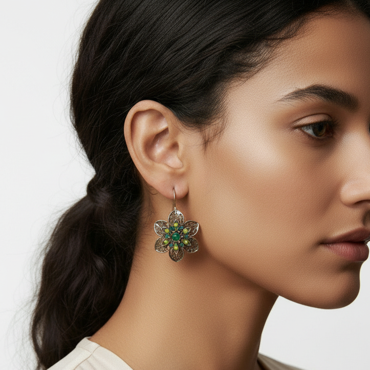 antique gold tone flower earrings with rhinestones and green stones