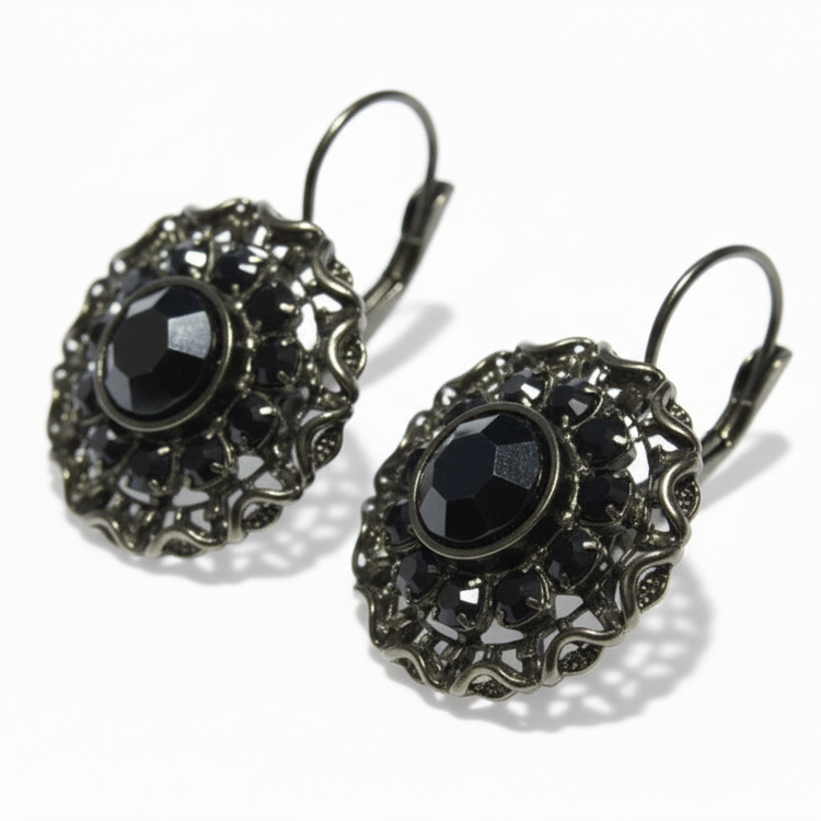 Orecchini Tono Anticato a Rosone Victorian Style con Strass Neri - 3.5cm