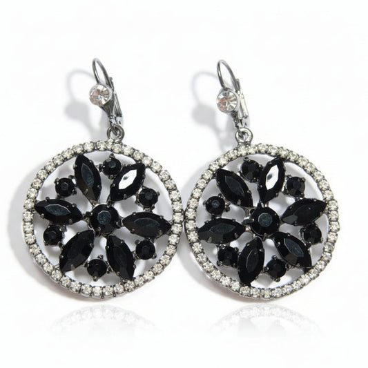 Orecchini Pendenti Neri a Rosone Victorian Style con Strass Neri e Bianchi - 6cm