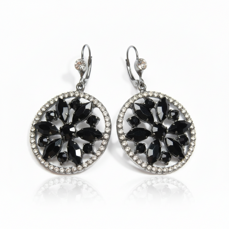 Orecchini Pendenti Neri a Rosone Victorian Style con Strass Neri e Bianchi - 6cm