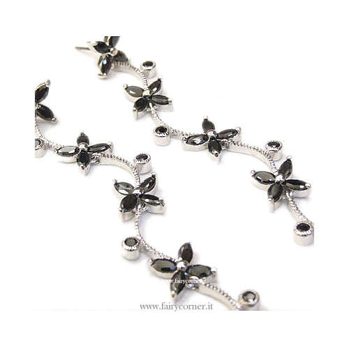 women's long silver tone earrings with black rhinestone FLOWER branches