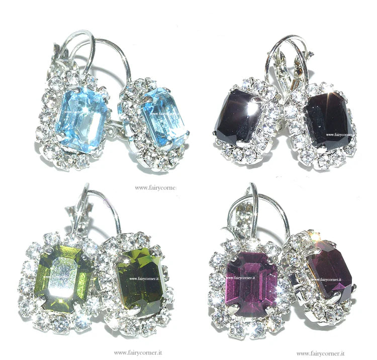 Silver tone rhinestone square Monachella earrings - various colours