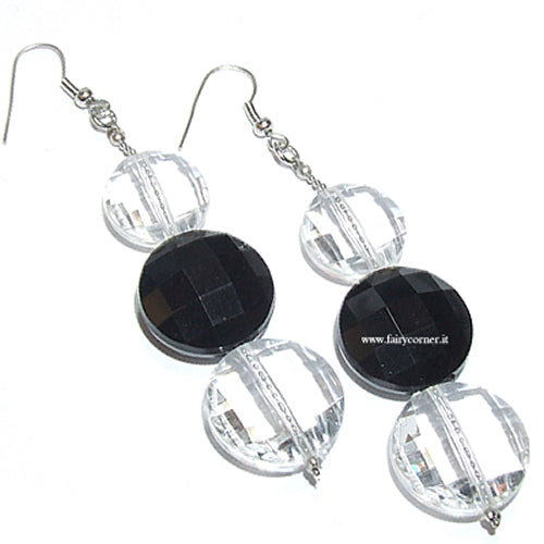 long earrings for women in silver tone with black and white stones