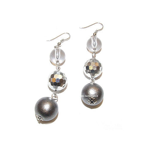 women's long earrings in silver tone GRAY spheres