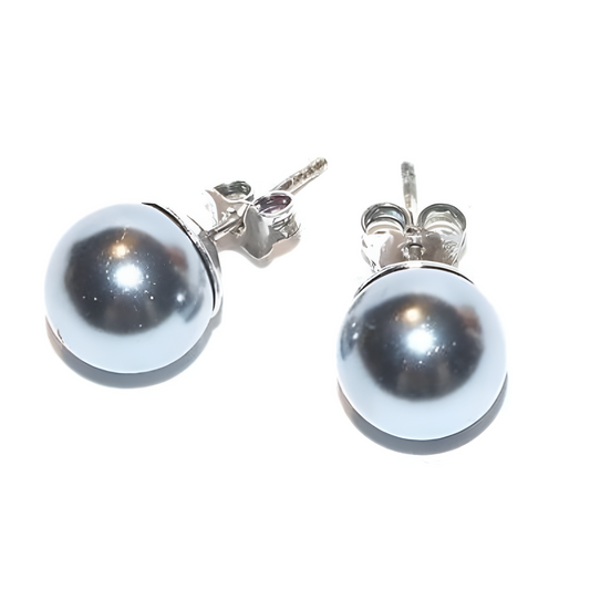 Women's earrings in 925 silver PERLE, gray pearl, 10 mm, pin and butterfly