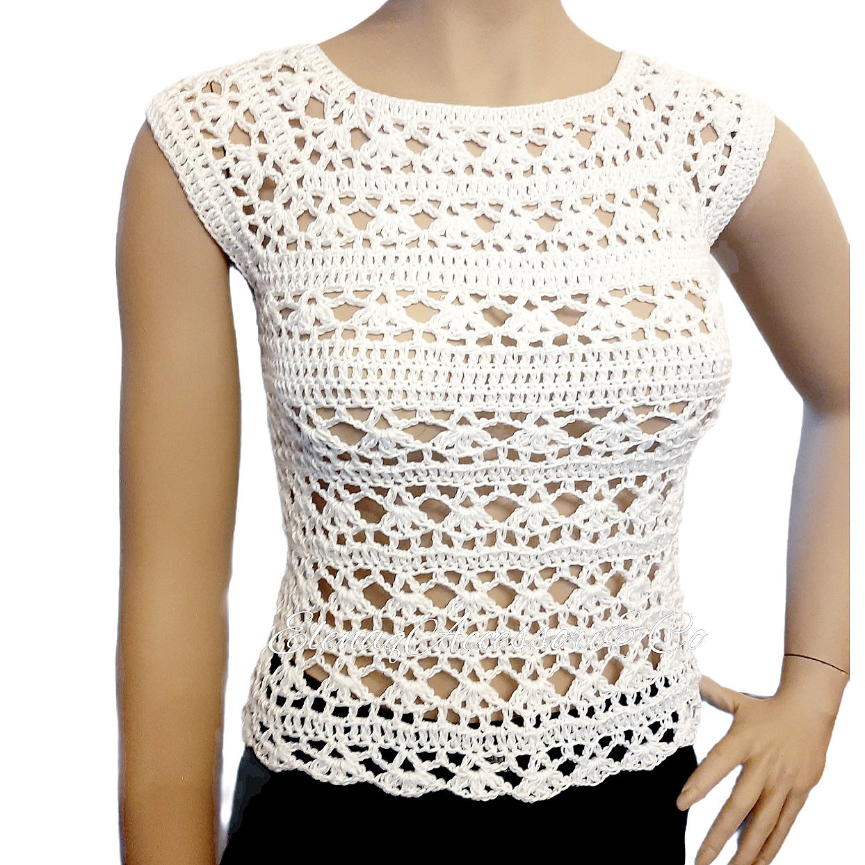 Top maglia uncinetto in cotone fatta a mano pizzo - bianco