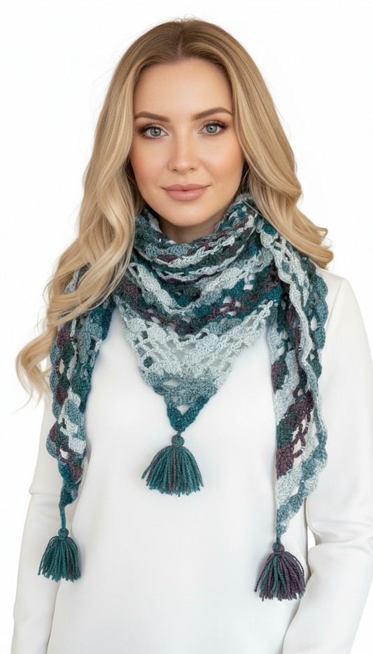 Shawl, Crochet Triangular Scarf with Tassels - Teal