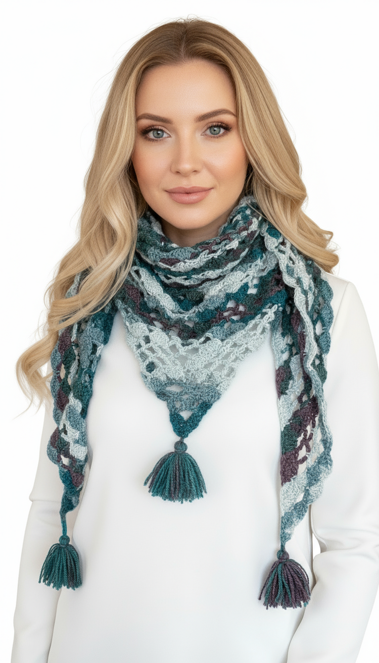 Shawl, Crochet Triangular Scarf with Tassels - Teal