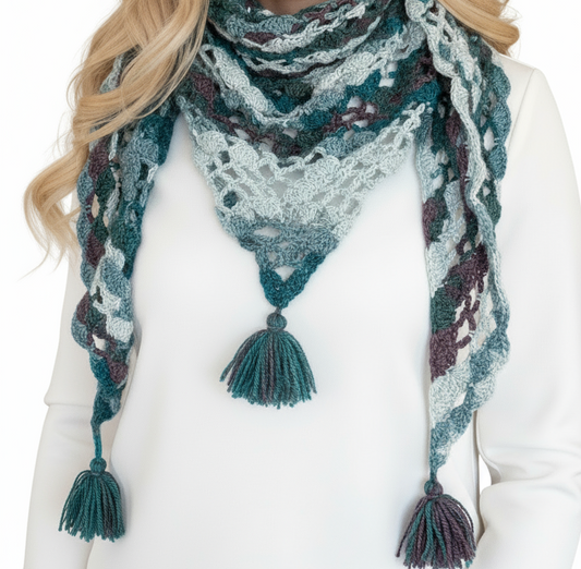 Shawl, Crochet Triangular Scarf with Tassels - Teal
