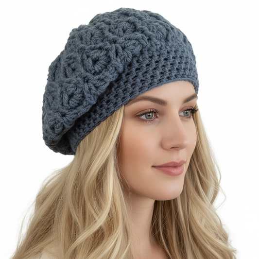 Berretto donna lana INTRECCI artigianale uncinetto BLUE JEANS