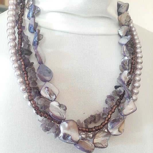 Collana donna madreperla, perle faux e ametista