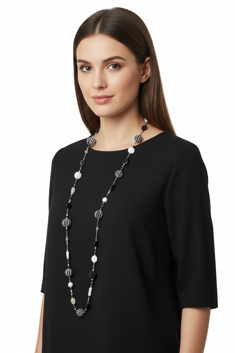 Collana Lunga Donna Sfere Perline Bianco e Nero - 80cm