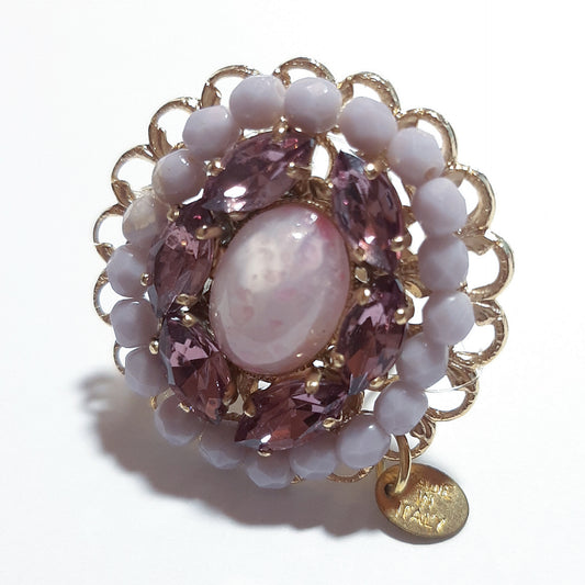 Anello donna tono oro con cristalli e perline viola – regolabile – centrale ovale