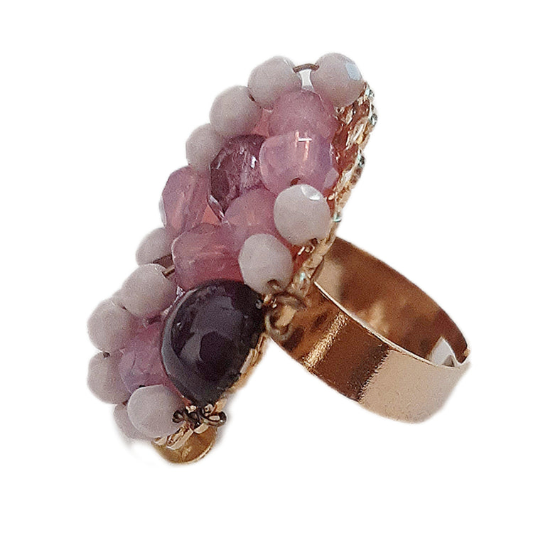 Anello donna tono oro con perline ROSA VIOLA regolabile