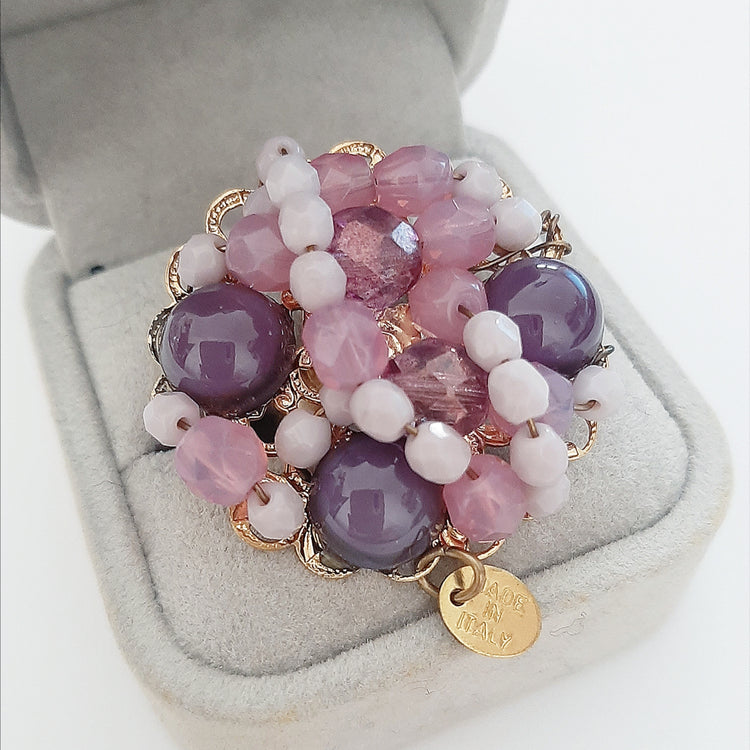 Anello donna tono oro con perline ROSA VIOLA regolabile