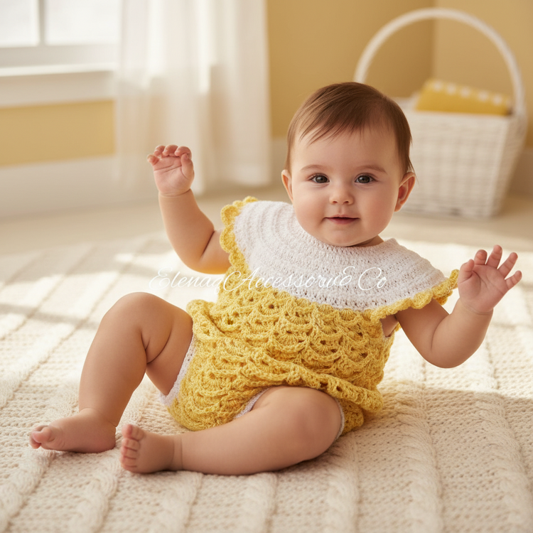 Newborn baby girl 100% cotton romper size 0-3 Yellow - handcrafted crochet